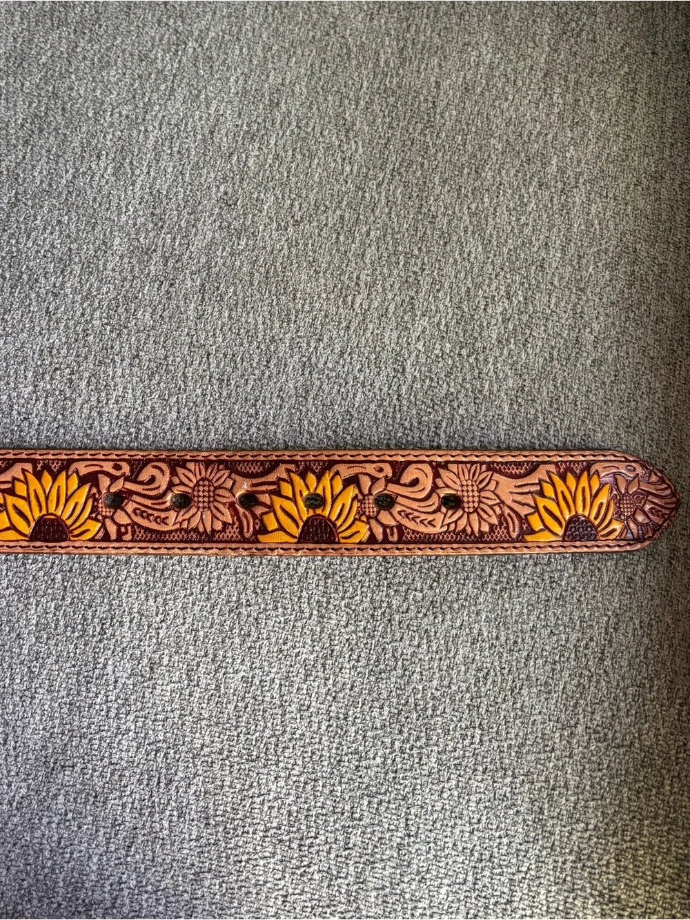 Handmade Mexican Leather Sunflower Embossed Tan Western Belt Silver Tone Buckle